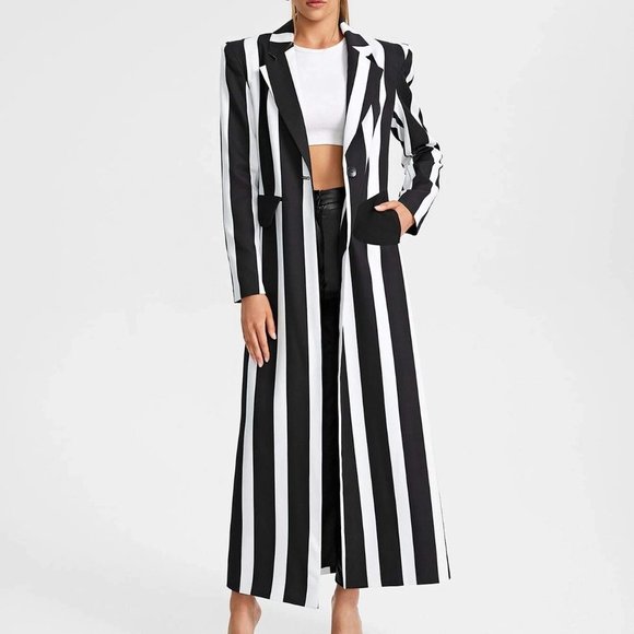. Jackets & Blazers - Black & White Boho Womens Striped Print Pocket Patched Longline Blazer
